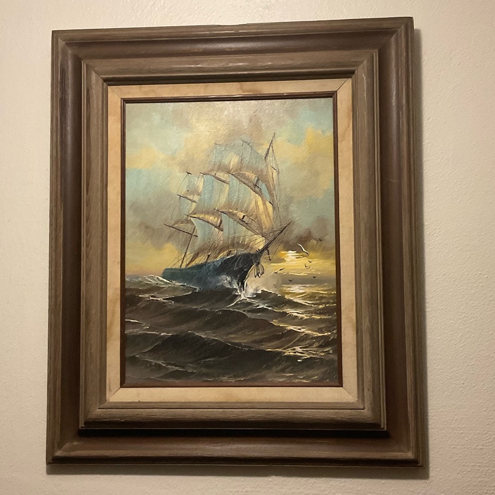 Art, seascape oil vintage painting, oil certified sailing ship art
